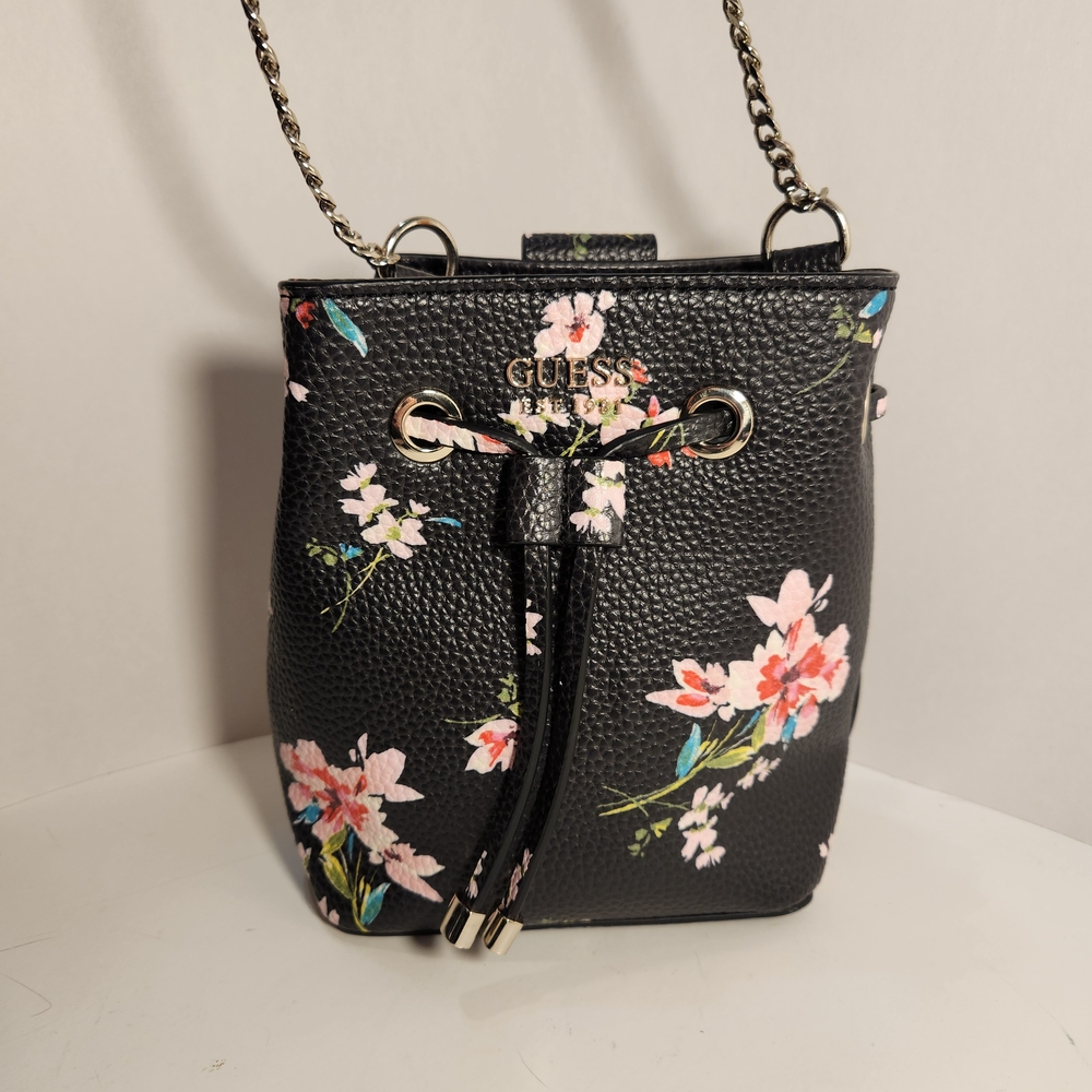 GUESS Black Floral Mini Drawstring Bucket Bag